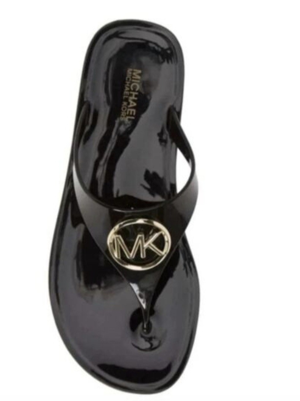 Michael Kors Black Patent Jelly Thong Sandal with Gold MK Emblem
